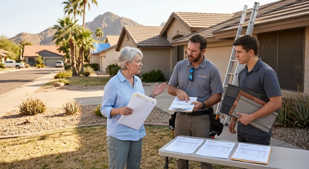 [Roofer inspecting tile roof with tablet]