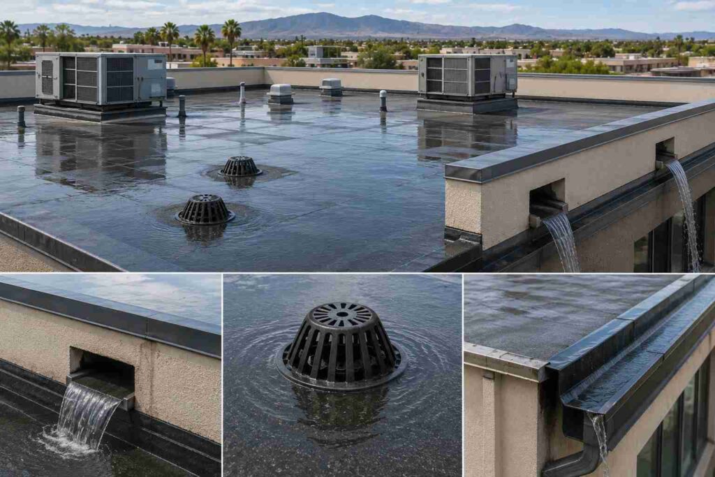 Flat Roof Drainage Solutions comparing commercial interior drains, wall scuppers, and perimeter water management systems on a desert property.