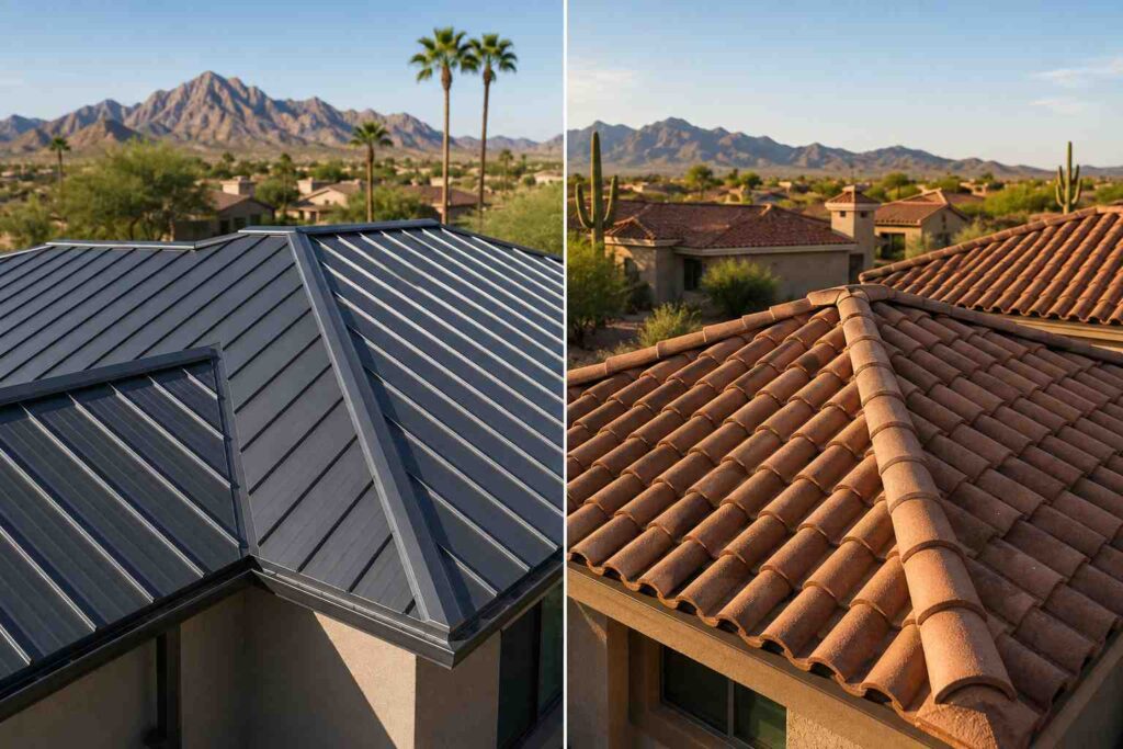 Metal or Tile Roof? comparing standing seam metal roofing panels on the left and traditional clay tile roofing on the right under an Arizona desert landscape.