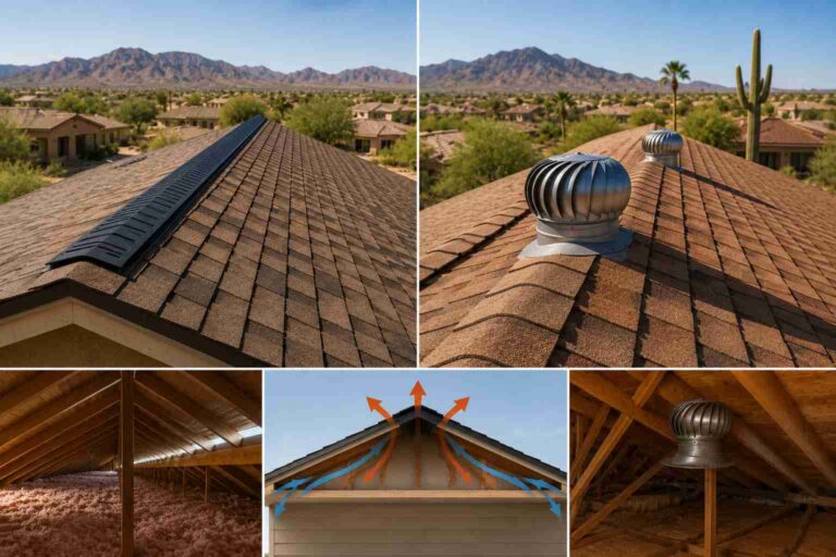 Ridge vs. Turbine Vents comparing continuous ridge vents and rotating turbine roof ventilation systems for attic airflow on an Arizona home.
