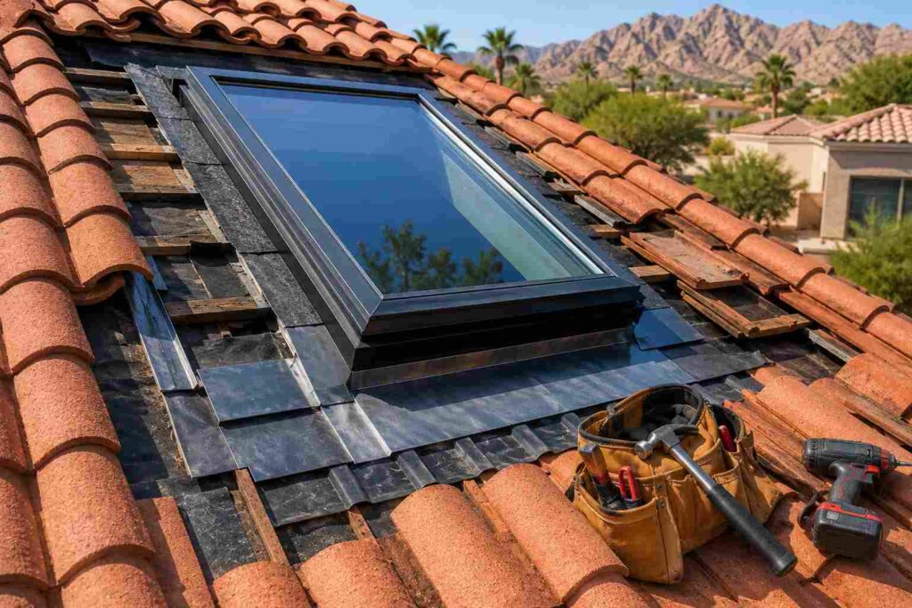 Skylight Replacement & Flashing Repair showing professional step flashing installation and waterproofing integration around a skylight on an Arizona tile roof.