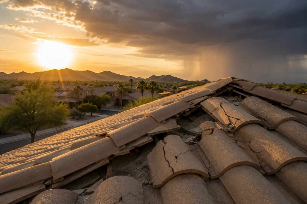 Thermal Shock Ruins Arizona Roofs showing cracked clay tiles and structural damage caused by extreme desert temperature swings and approaching storm clouds.