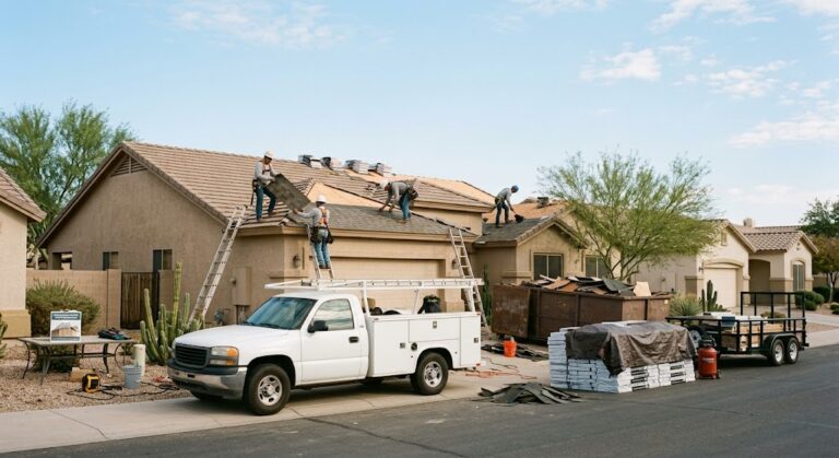 Professional residential roofing replacement crew installing new roof shingles on a home during Arizona spring season.