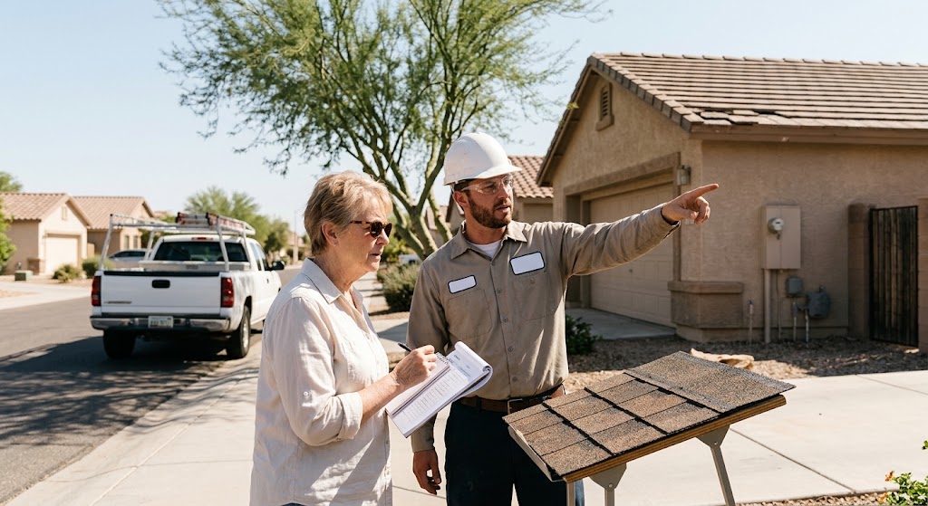 Licensed Arizona roofing contractor reviewing roof inspection clipboard notes with homeowner outdoors in Phoenix neighborhood.