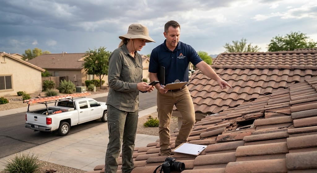 Roofing inspector and homeowner documenting monsoon storm damage on a residential tile roof for an insurance claim in Arizona.