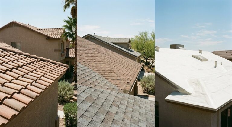 Side by side comparison of clay tile roofing, asphalt shingle roof, and white spray foam roofing on Arizona homes showing material options.